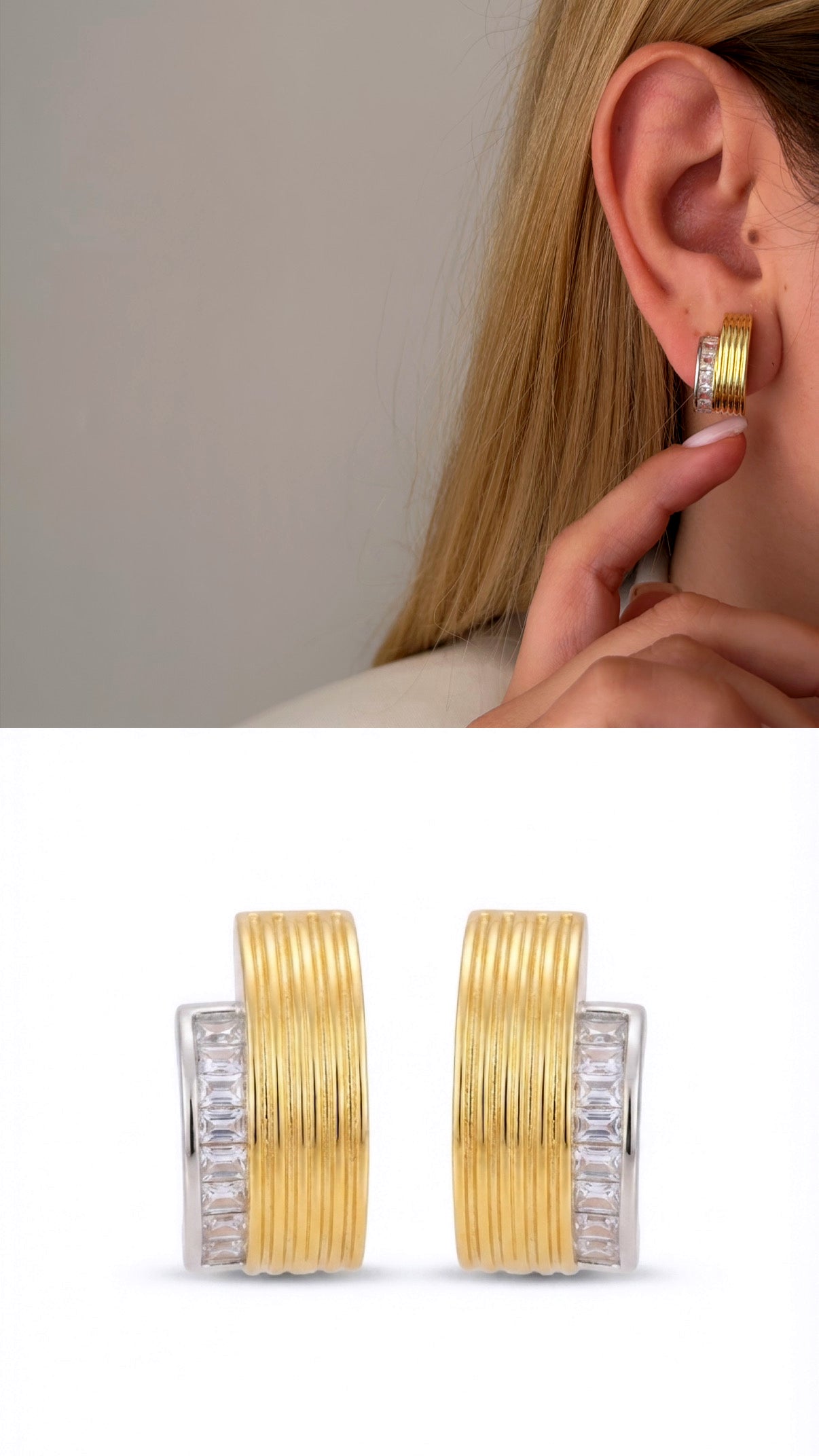 Two Tone Ribbed Texture Baguette Cz Channel Set Chunky C Hoop Statement Earrings wholesale jewelry VIP 14K EARRINGS  Catwalk Jewellery Europe