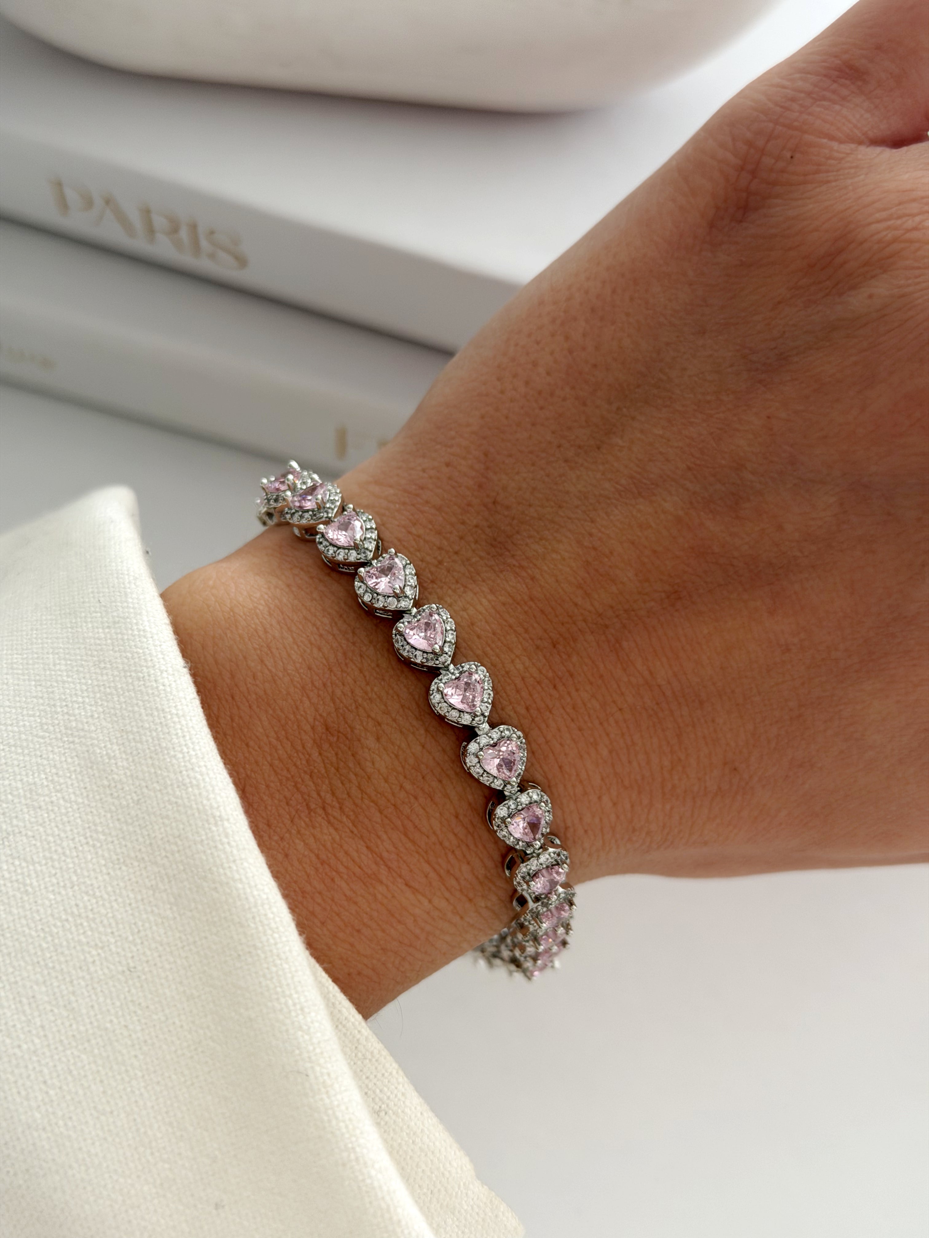 Silver Pink Heart Cut Cz Halo Tennis Bracelet wholesale jewelry BRACELETS  Catwalk Jewellery Europe