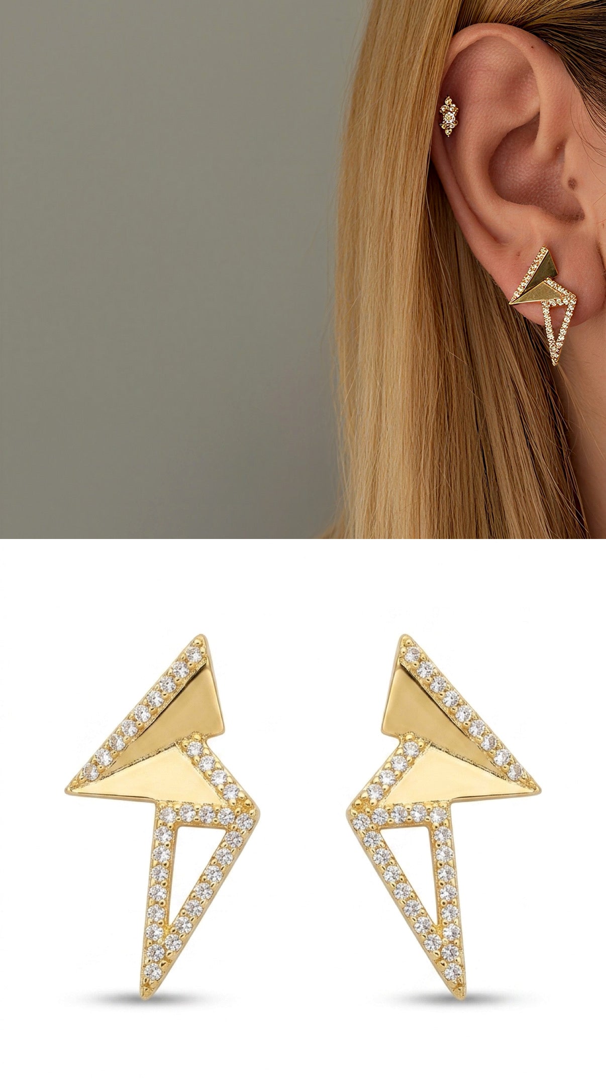Gold Cz Pave Geometric Lightning Bolt Stud Earrings wholesale jewelry VIP 14K EARRINGS  Catwalk Jewellery Europe